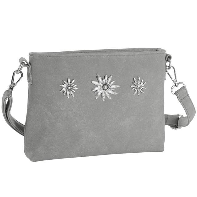 dressforfun Dirndl Tasche, Handtasche Damen mittelgroß, Trachten Mode, Trachtentasche Wildlederoptik, Edelweiß, Damen Tasche, Umhängetasche, Oktoberfest Accessoires, Damen-Schultertaschen - grau
