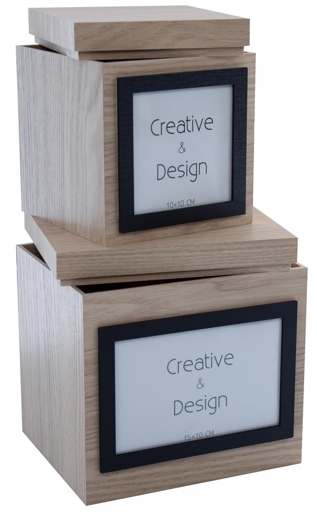 Brandsseller Aufbewahrungsbox mit Deckel 2er-Set ca.18x18x15 cm und 15x13x13 cm Erinnerungsbox mit Integriertem Bilderrahmen 2er Set Holzfarben