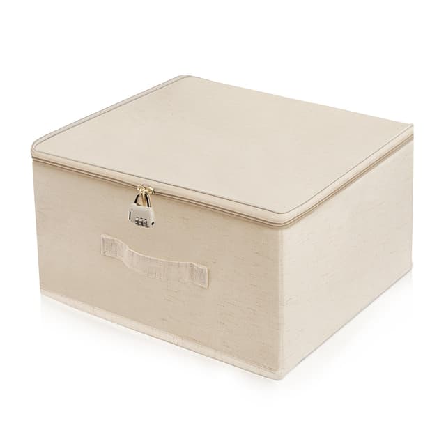 DONGFENGLION Abschließbare Box, Kiste mit Schloss, Faltbare Stoffbox mit Griffen, Abschliessbare Box mit Reißverschluss, Aufbewahrungsbox mit Deckel, Aufbewahrung für Kleidung, Spielzeug(40x30x21cm) Beige