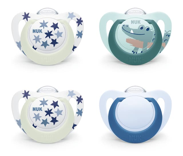 NUK Star Day & Night Babyschnuller | 18-36 Monate | Beruhigt 99 % der Babys | BPA-freie Silikonschnuller | Mit Leuchteffekt für einfaches Finden im Dunkeln | Krokodil | 4 Stück 18m+ (x4) Leuchteffekt Blau