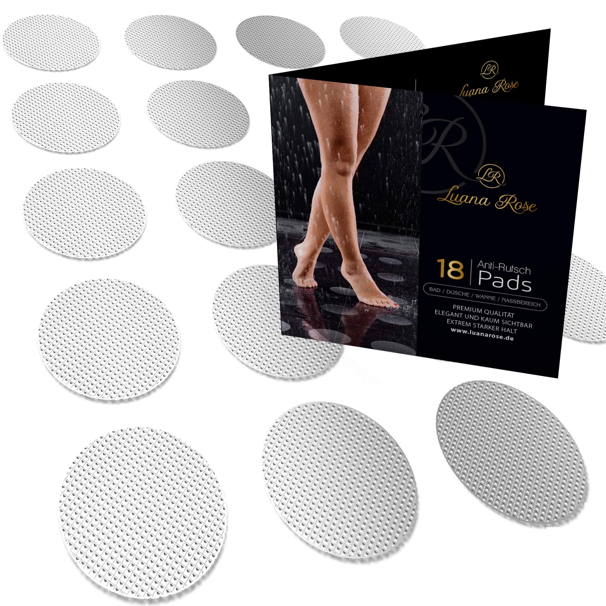 Luana Rose Premium Antirutsch Pads Dusche und Badewanne - Einfache Installation - Hygienisch & Transparent - Anti Rutsch Dusche Aufkleber - XXL Pads, Rund 10 cm Ø, Selbstklebend (18 Stück) Durchsichtig