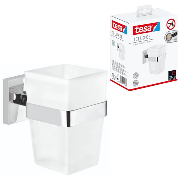 tesa DELUXXE Zahnputzbecher mit Halterung - Becher aus Milchglas, verchromte Wandhalterung - zur Wandbefestigung ohne Bohren - 70mm x 100mm x 113mm Zahnbürstenhalter