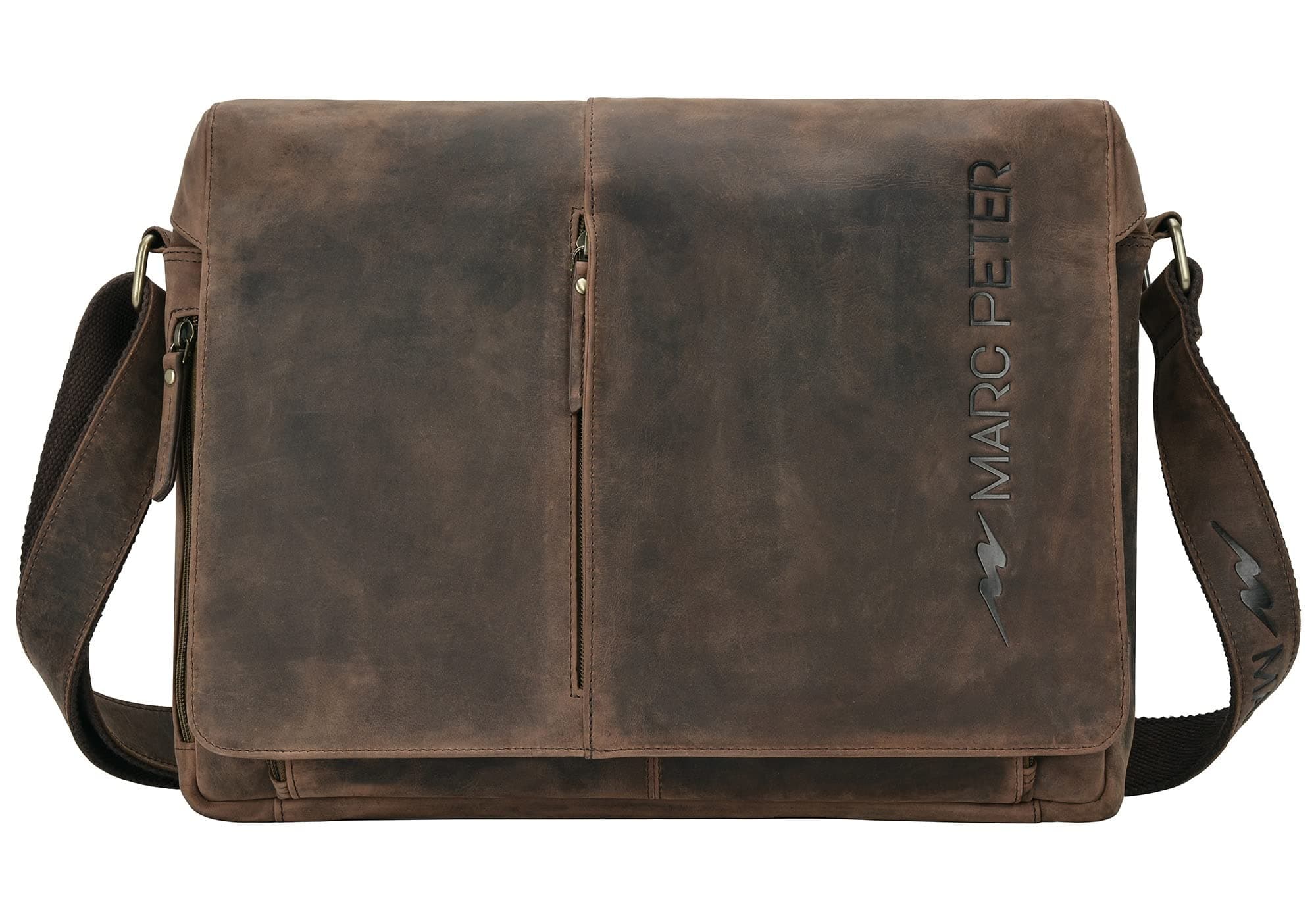 Marc Peter® Bergen leder Umhängetasche für Herren und Damen | 15.6 Zoll Laptoptasche | Aktentasche aus echtem Büffelleder