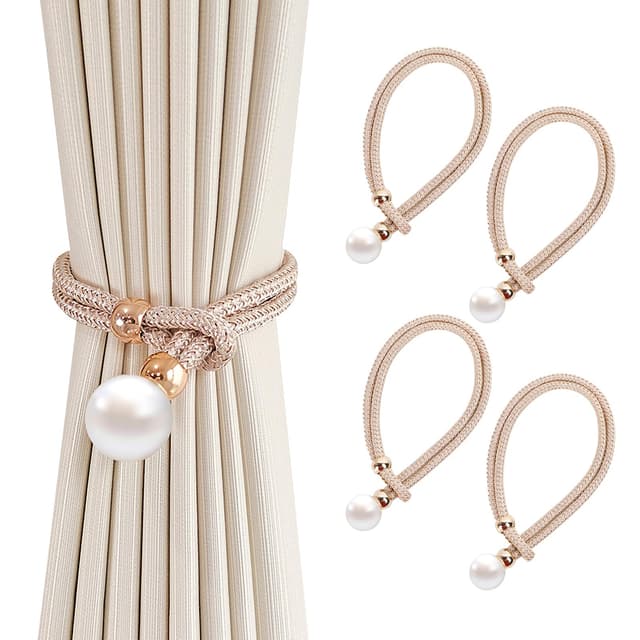 4er-Pack Vorhang Raffhalter, Grau Baumwoll Handstrick Vorhanghalter, Gardinen Raffhalter, Vorhang Clips Seil,Keine Installation, Für Home Office Fensterdekoration (Dunkelbeige)