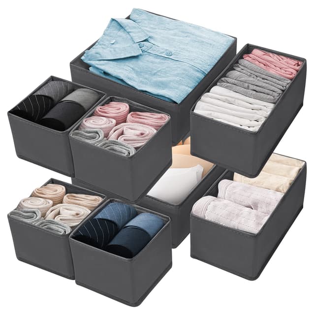 Withosent 8er Schubladen Ordnungssystem Kleiderschrank Organizer, Faltbare Kleidung Aufbewahrungsbox Stoff, Unterwäsche Organizer Schublade, Schrank Schubladentrenner für BHS, Socken, Krawatten 8 Stück
