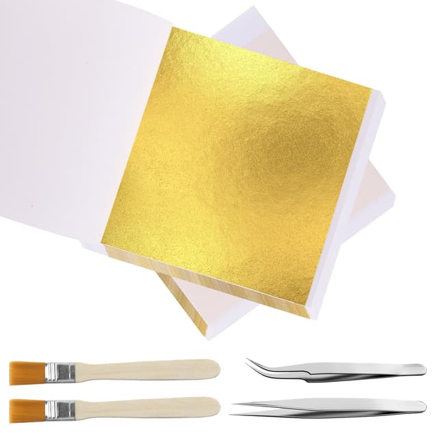 Xmart 200 stück Blattgold zum Basteln Goldfolie Gold Leaf Imitation Gold Folienblätter mit 2 Pinzetten und 2 Bürsten für Vergoldung Malerei Handwerk Nägel Dekorationen DIY Crafting 14x14cm