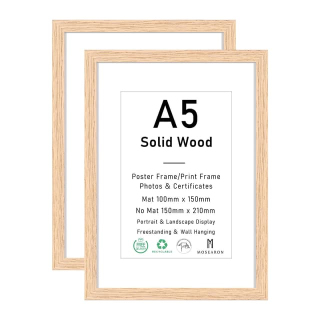 ATOBART A5 Zertifikat Bilderrahmen,EICHE Holz Bilderrahmen mit Passepartout für 4x6 Druck,Posterrahmen mit Plexi-glass für Wandmontage Display,15x21 cm,Set von 2 Eiche Holz A5 mit Matte,Satz von 2