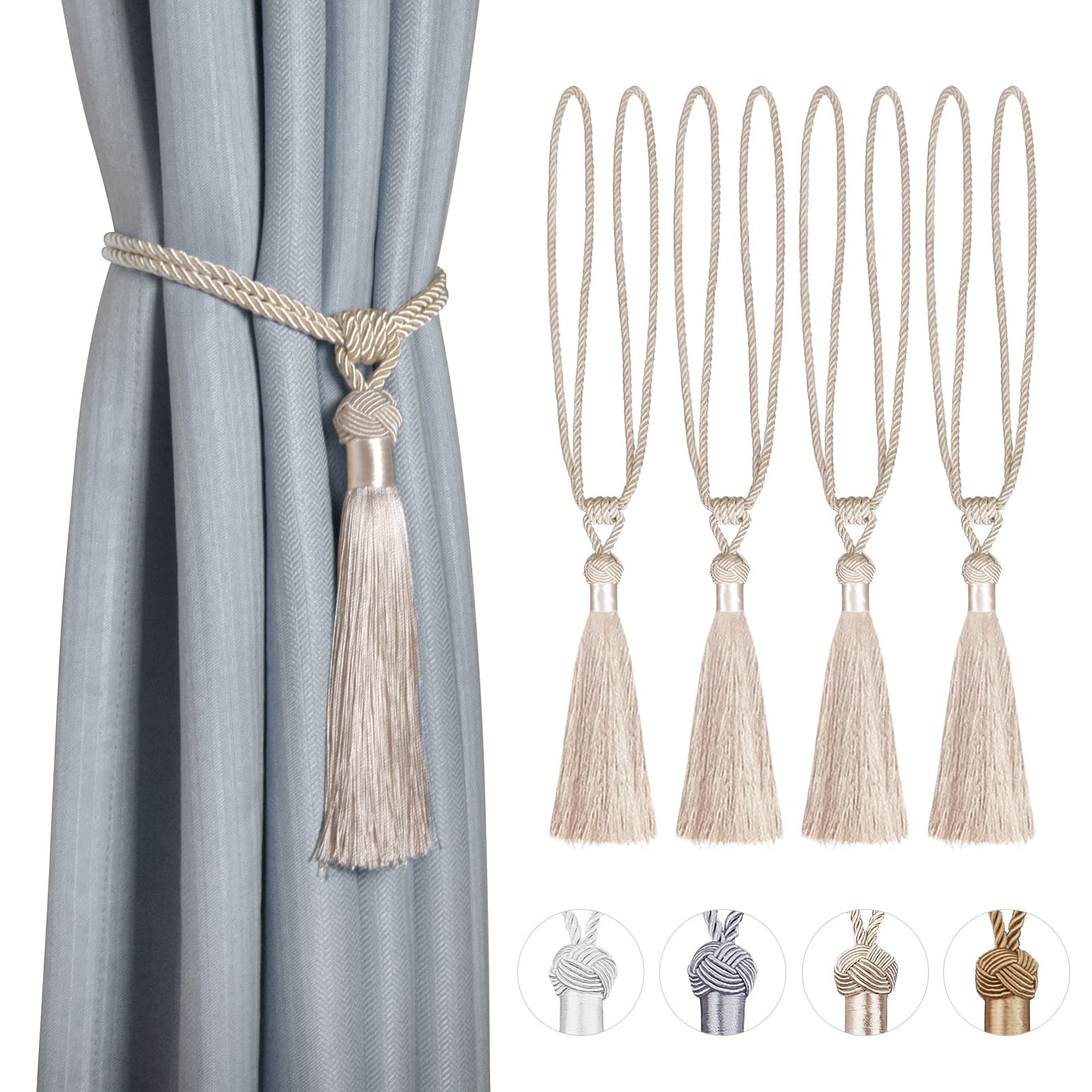 Dalababa 4 Stück Vorhanghalter Raffhalter Gardinenhalter Polyester Baumwoll Seil mit Quaste Vorhang Tiebacks Dekorative Fenster Einfarbig Gardinen Zubehör,Beige 2 Paar Beige