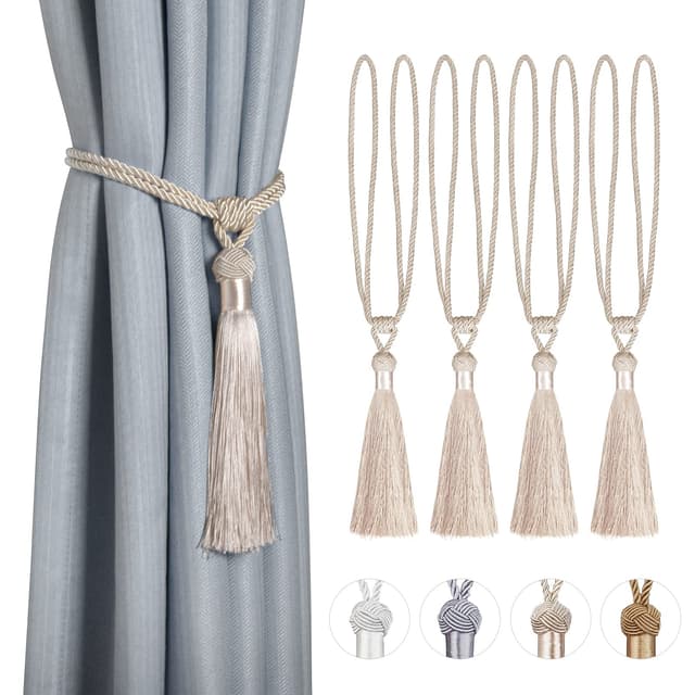Dalababa 4 Stück Vorhanghalter Raffhalter Gardinenhalter Polyester Baumwoll Seil mit Quaste Vorhang Tiebacks Dekorative Fenster Einfarbig Gardinen Zubehör,Beige 2 Paar Beige