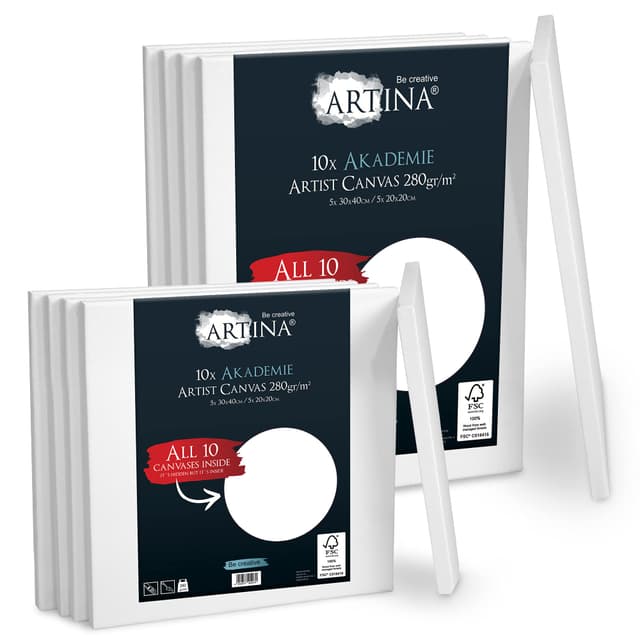 Artina FSC® Keilrahmen 10er Set Akademie 5x 30x40 cm & 5x 20x20 cm – Leinwand Set Maltuch aus 100% Baumwolle Leinwände 280 g/m² - Keilrahmenset Leinwand zum Bemalen für Acryl-, Aquarell-, Ölfarbe uvm 30x40 cm & 20x20 cm