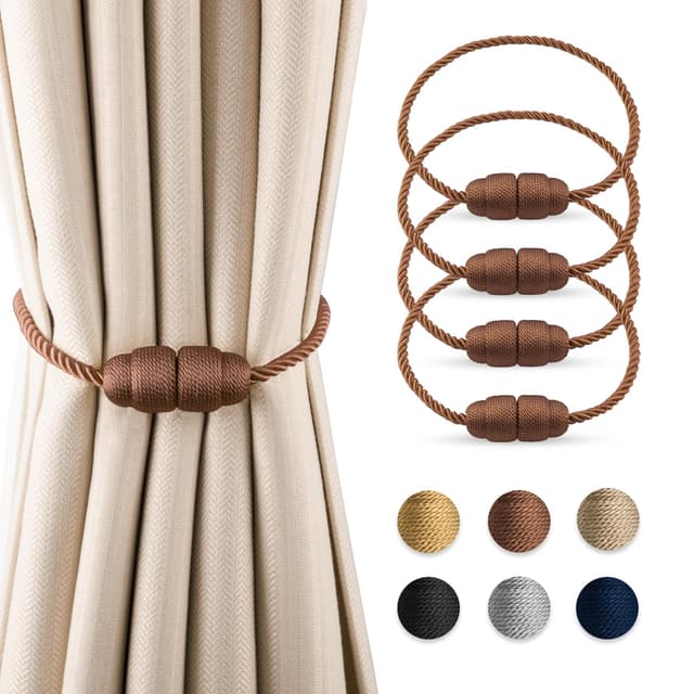 Dalababa Magnetische Vorhang Raffhalter, 4 Stück Vorhanghalter Seil Gardinenhalter, Raffhalter für Vorhänge Vorhangschnalle für Home Büro Gardinen Deko - Braun