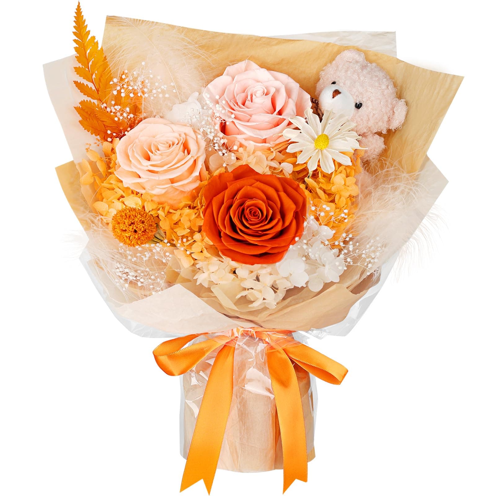 Konserviertes Blumenstrauß mit Bär, 3 Echte Ewige Blumen zur Lieferung, Langanhaltender Oranger Rosenstrauß, Geburtstagsgeschenke für Frauen, Mutter, Ehefrau, Sie