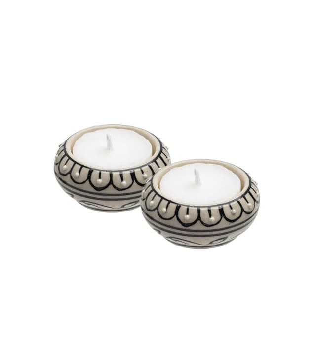 2er Set Teelichthalter Traditional aus Steinzeug handgestempelt beige-schwarz mit Zweigmuster, 5,5 x 5,5 x 2,5 cm Zweigmuster/2er Set