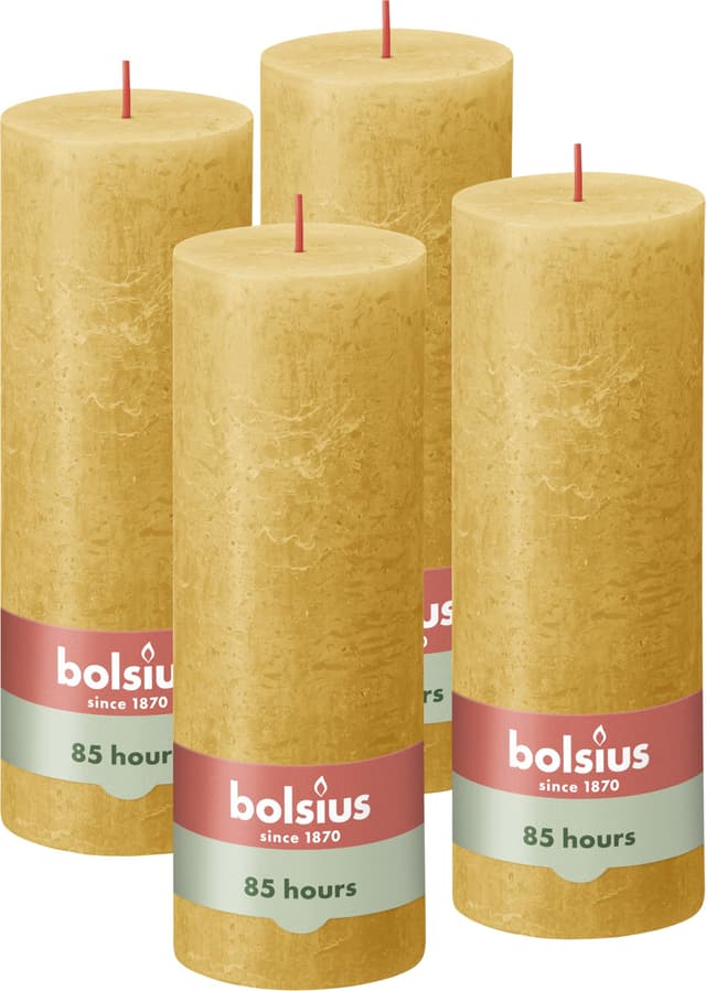Bolsius Rustik Stumpenkerzen - Ockergelb - Set 4 Stück - Dekorative Haushaltkerzen - Länge Brenndauer 85 Stunden - Unparfümierte - Natürliches Pflanzenwachs - Ohne Palmöl - 19 x 7 cm 19 x 7 cm Ockergelb