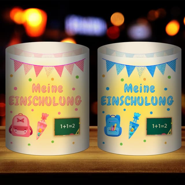 GAROMIA Windlicht Einschulung Junge Mädchen 12 Windlichter Tischdeko Meine Einschulung Schulanfang Bunt Schuleinführung Windlicht Tischlichter Kerzen Deko für Teelichter Kerzen Blaurosa