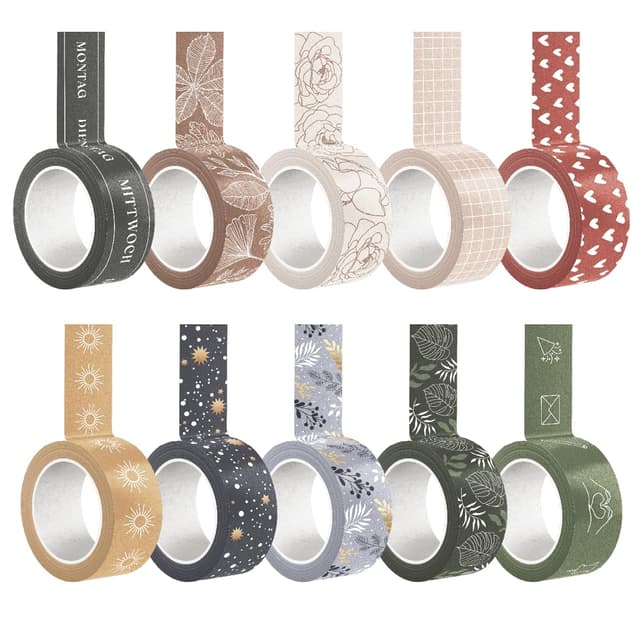 LEBENSKOMPASS 10er Set Washi Tape - 10 Rollen Washi Klebeband Set Masking Tape für dein Bullet Journal Zubehör & DIY 15 mm x 3m - mit 2 Goldfolie Tape Bullet Journal Washi Tapes