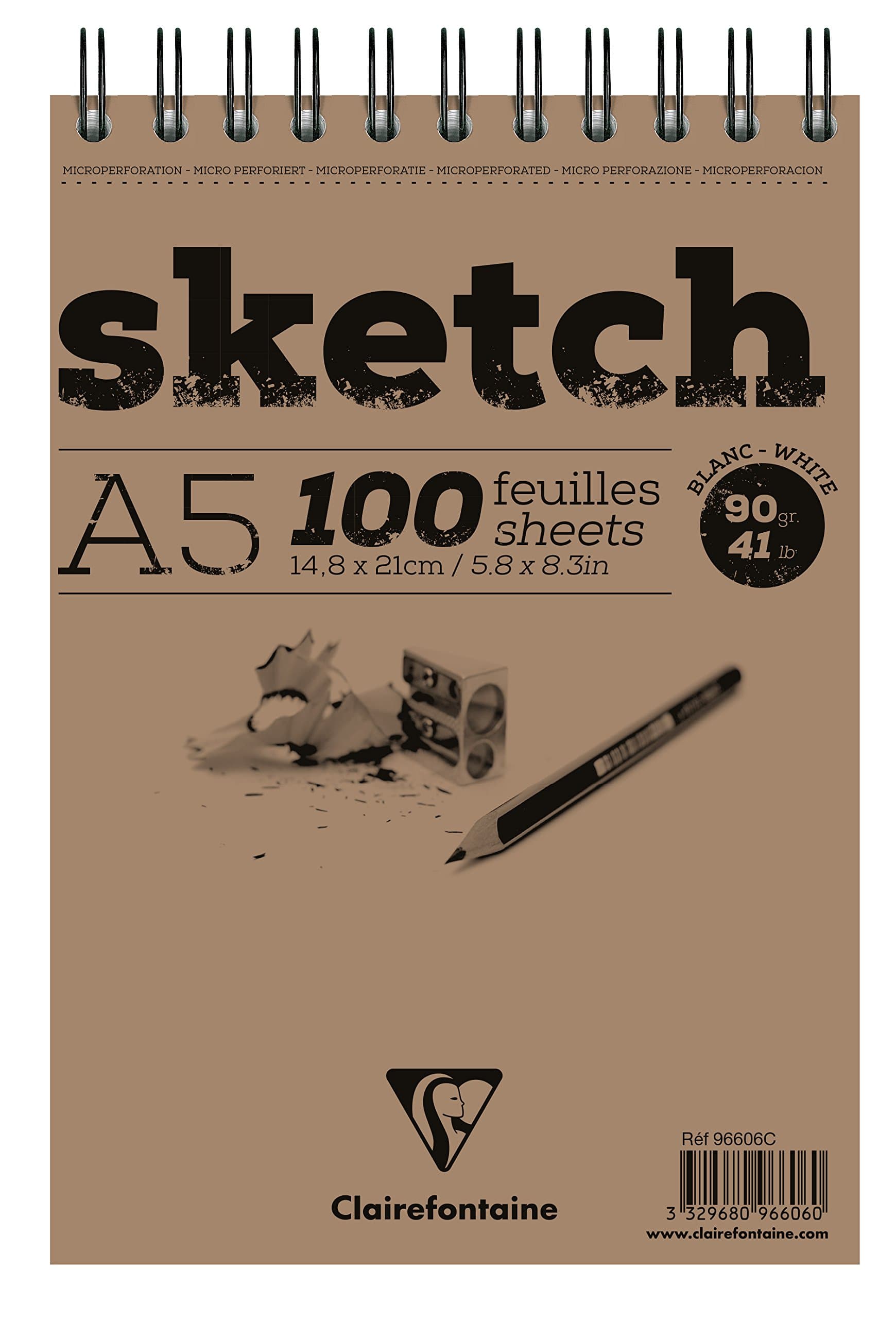 Clairefontaine 96606C - Skizzenblock Sketch mit Doppelspirale, DIN A5 14,8x21cm, 50 Blatt, ideal für Trockentechniken, 90g, Weiß, 1 Stück A5 (14,8x21 cm)