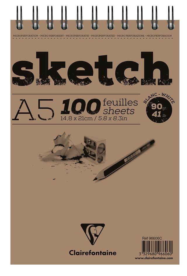 Clairefontaine 96606C - Skizzenblock Sketch mit Doppelspirale, DIN A5 14,8x21cm, 50 Blatt, ideal für Trockentechniken, 90g, Weiß, 1 Stück A5 (14,8x21 cm)