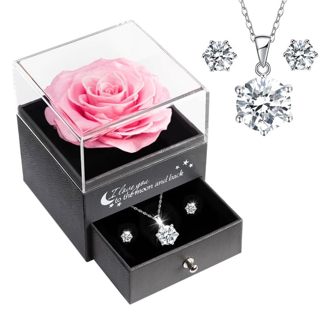Sunia Ewige Rose mit Kette und Ohrringe aus 925 Sterlingsilber,Ewige Rose Geschenke für Frauen,Muttertagsgeschenke für Mama Oma,Halskette Frauen,Geschenk Muttertag Geburtstag Valentinstag Jubiläum Rosa