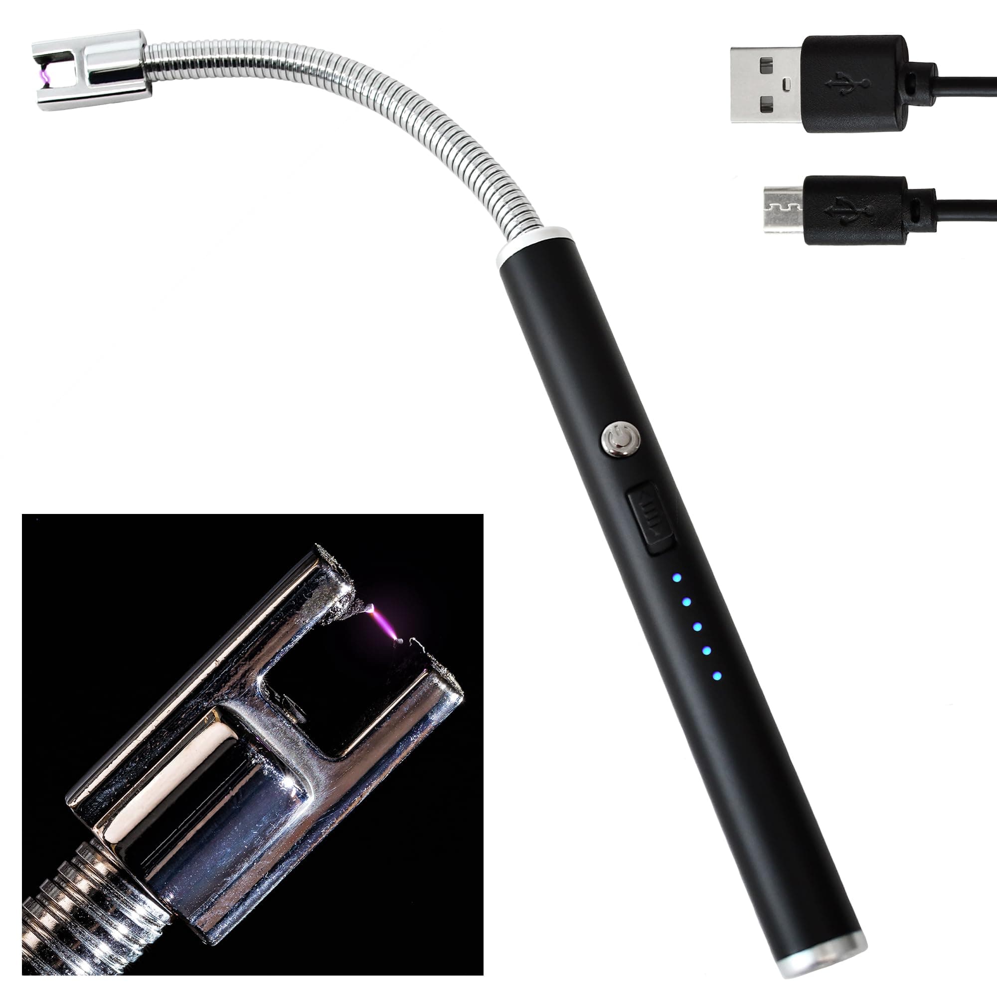 TOM Lichtbogen Stabfeuerzeug – 25,5 cm lang – Stab flexibel – langes elektrisches Feuerzeug – USB aufladbar – Electric Lichter im Set mit Kabel – windfestes Sturmfeuerzeug – Lichtbogen-Feuerzeug