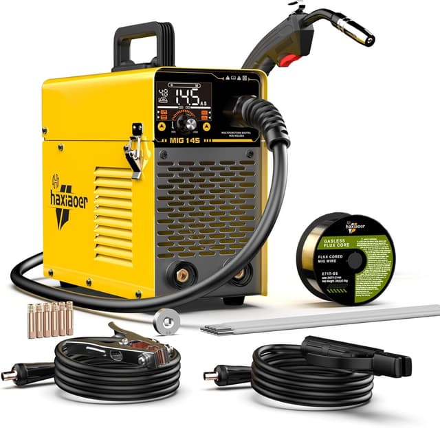 haxiaoer MIG145 Fülldraht Schweißgerät Ohne Gas 145A 230V Synergischer fülldraht Schweißgerät 2 in 1 MIG/MMA E-hand IGBT Inverter Schweissgerät Mit für 0,8/0,9/1,0 mm Draht,Nicht Abnehmbarer Brenner