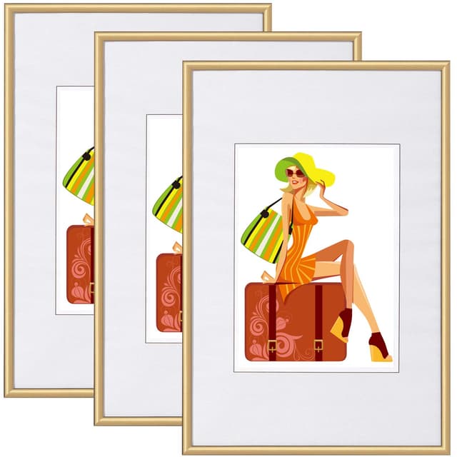 WOLTU Bilderrahmen 30x40 cm Set of 3 Fotorahmen aus Kunststoff mit Passepartout, Posterrahmen zum vertikalen oder horizontalen Aufhängen/Aufstellen, Collage Wanddeko, Gold Gold 30x40