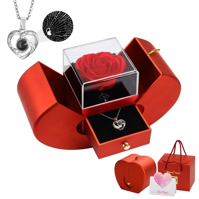 Emibele Konservierte Rot Rose Frauen Mama Oma,Ewige Blume Rose Box Herz Halskette Ich Liebe Dich 100 Sprachen, Valentinstag Geburtstag Jahrestag Geschenke für Frau Freundin Sie Halskette E