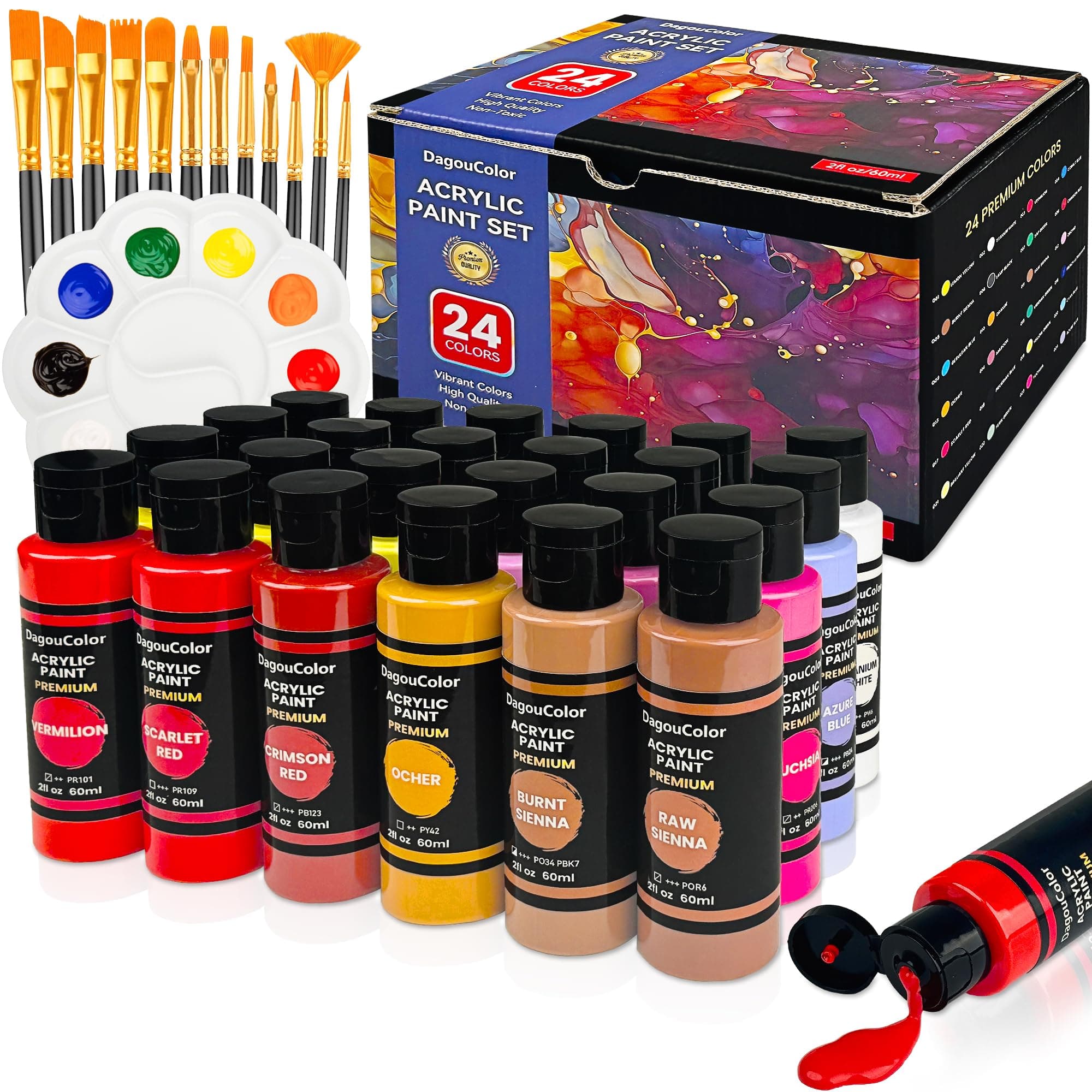 DagouColor Acrylfarben Set, 24 Farben x 60ml Flaschen, 12 Pinsel, 1 Palette, Acrylic Paints Art Supplies Geschenke Kunsthandwerk für Anfänger Kinder Erwachsene Künstler, Leinwand, Holz, Keramik 60 ml (24er Pack)