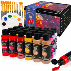 DagouColor Acrylfarben Set, 24 Farben x 60ml Flaschen, 12 Pinsel, 1 Palette, Acrylic Paints Art Supplies Geschenke Kunsthandwerk für Anfänger Kinder Erwachsene Künstler, Leinwand, Holz, Keramik 60 ml (24er Pack)