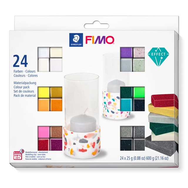 STAEDTLER ofenhärtende Modelliermasse FIMO effect, perfekt abgestimmte Farbkombinationen mit unterschiedlichen Effekten, 24 Halbblöcke á 25g in sortierten Farben, 8013 C24-1 24 Farben 24er-Pack