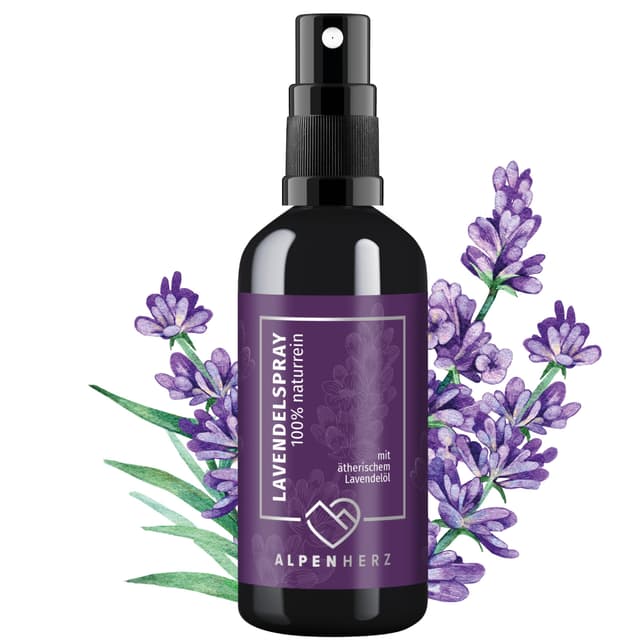 Alpen Herz Lavendelspray - 100 ml naturrein mit ätherischem Lavendelöl - für Kopfkissen Raumduft Kissenspray Duftspray Toilette Duftspray Toilette WC Duft Yoga Spray Geschenk "echte" Lavendel - LAVANDULA ANGUSTIFOLIA