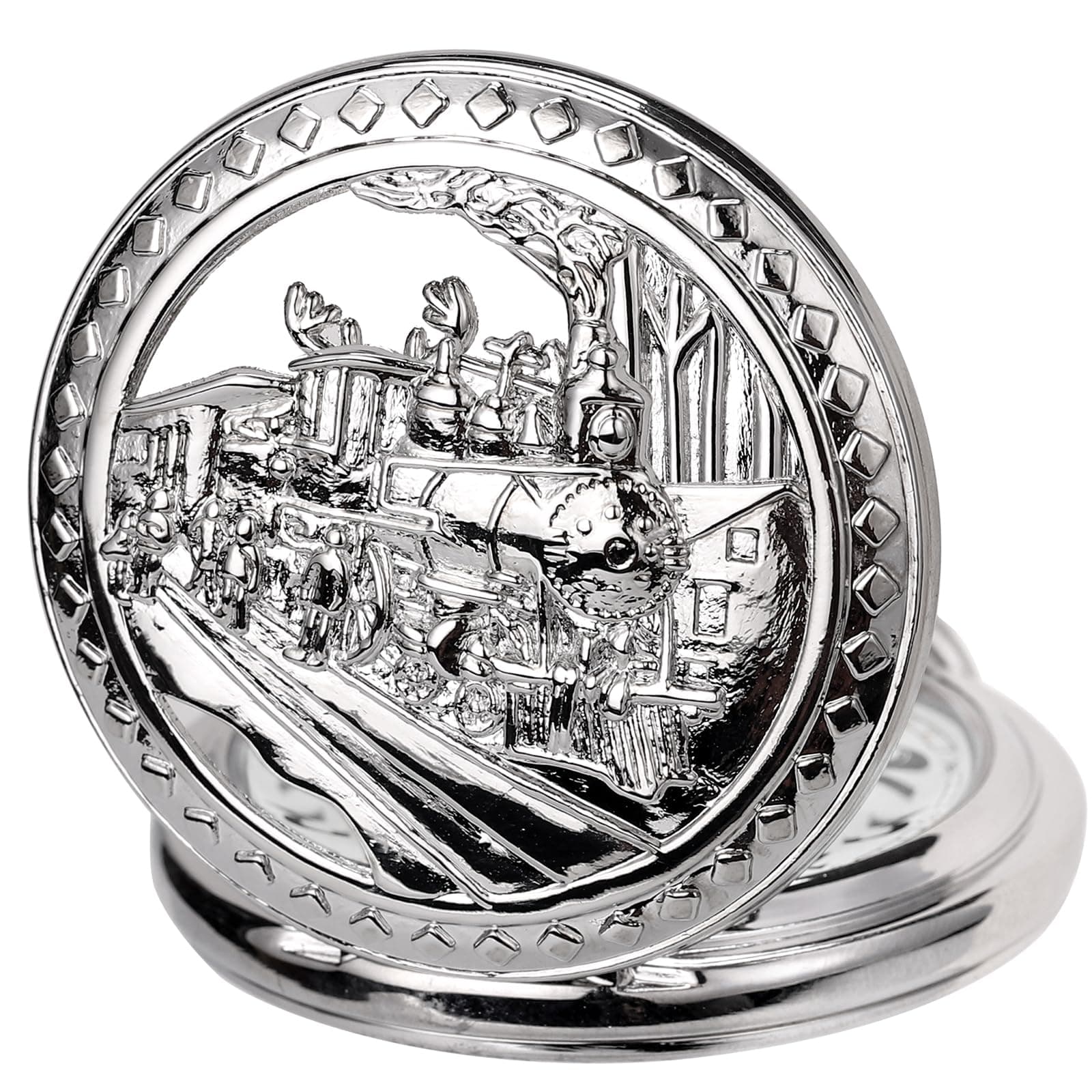 ManChDa Taschenuhr - Pocket Uhren Spezielle 3D Zug Eisenbahn Dampflokomotive Abdeckung Antike Steampunk Taschenuhr und Kette Quarz Vintage Fob Uhr für Herren Geschenk Box A-f. Silber, Weiß