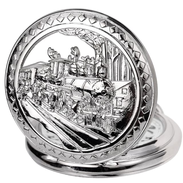 ManChDa Taschenuhr - Pocket Uhren Spezielle 3D Zug Eisenbahn Dampflokomotive Abdeckung Antike Steampunk Taschenuhr und Kette Quarz Vintage Fob Uhr für Herren Geschenk Box A-f. Silber, Weiß