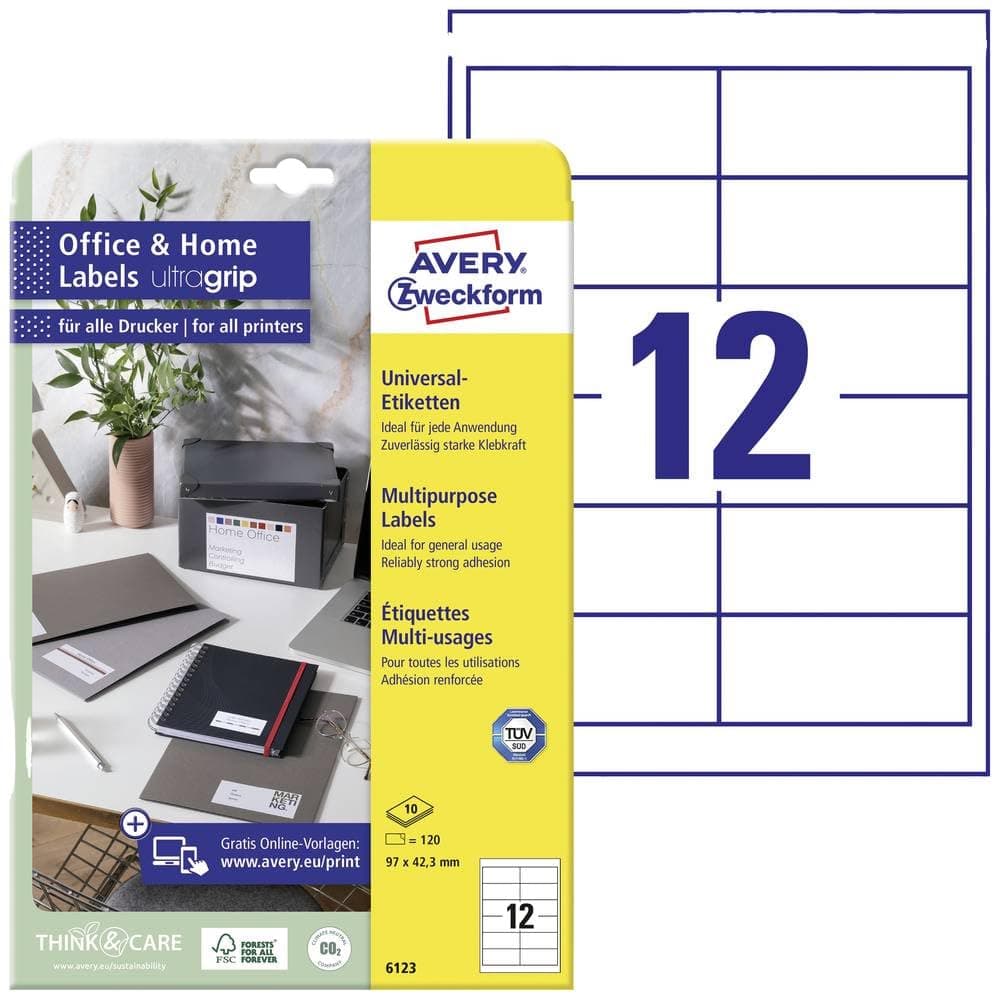 AVERY Zweckform 6123 Adressaufkleber (120 Klebeetiketten, 97x42,3 mm auf A4, bedruckbare Absenderetiketten, selbstklebende Adressetiketten mit ultragrip, ideal fürs HomeOffice) 10 Blatt, weiß 97x42,3mm Papier - permanent 10 Blatt
