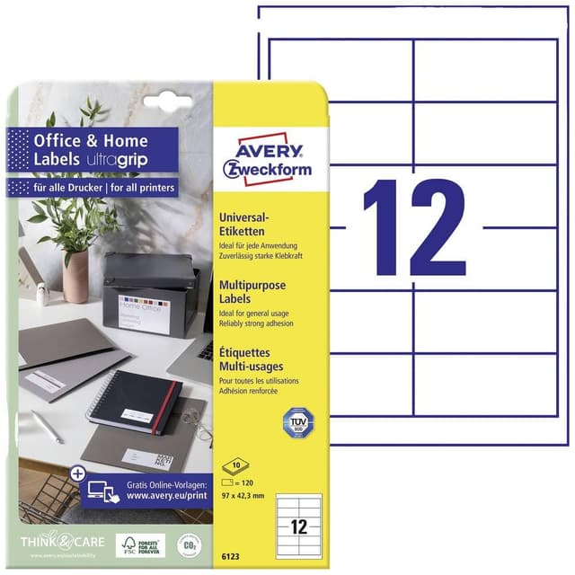 AVERY Zweckform 6123 Adressaufkleber (120 Klebeetiketten, 97x42,3 mm auf A4, bedruckbare Absenderetiketten, selbstklebende Adressetiketten mit ultragrip, ideal fürs HomeOffice) 10 Blatt, weiß 97x42,3mm Papier - permanent 10 Blatt