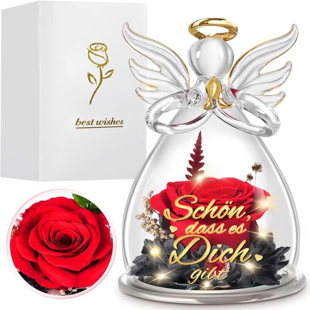 Johiux Engel Figur Geschenk für Frauen - Infinity Rose Mit Spruch 'Schön, Dass es Dich Gibt' - Ewige Blume für Jahrestag, Geburtstag - Für Ehefrau, Mum, Oma