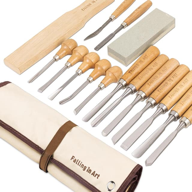 COOZEE 16-Teilig Professionelle Stechbeitel Set, Holz Meißel für Holzbearbeitung, Stecheisen Satz für Anfänger und Profis - Holzmeiselset für Holzarbeiten