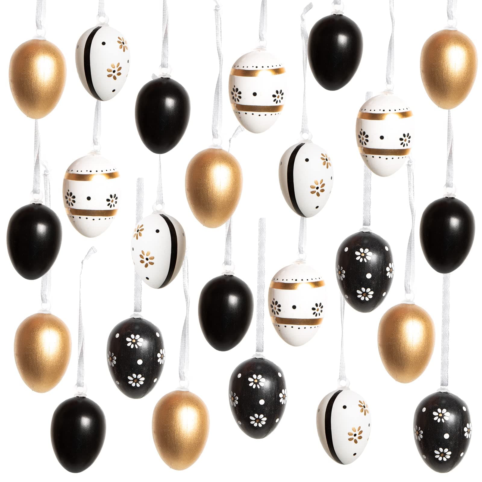 Ostereier-Anhänger, 24er Set: Kleine Osteranhänger aus Plastik, Osterdeko zum Aufhängen, Deko Ostern, Für Osterstrauch, Frühlingsdeko, Schwarz, Weiß & Gold, Modern, Indoor Osterschmuck hängend, 4 cm Gold, Schwarz