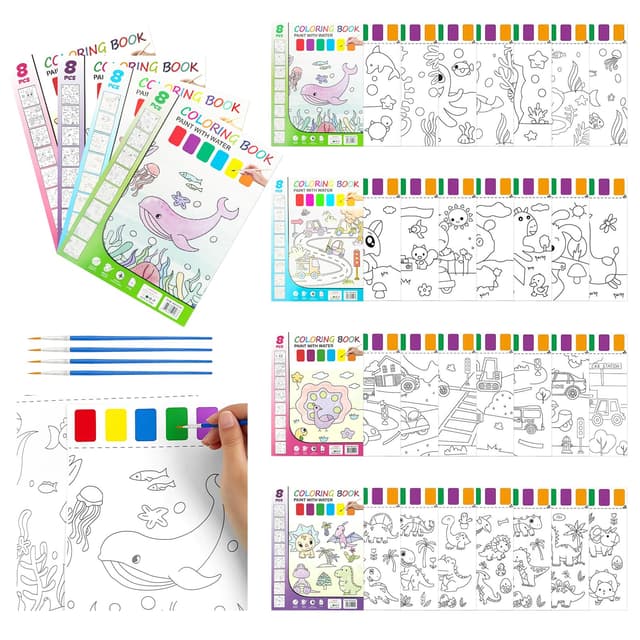 AYSYR 32 Seiten Mini Paint Pad 4 Themen,Wasserfarben Kinder Ab 3 mit 4 Pinsel,Malbuch mit Wasserfarben für Jungen und Mädchen,Mini Watercolor Paint Pad Kunsthandwerksgeschenk,Malpapier Kinder