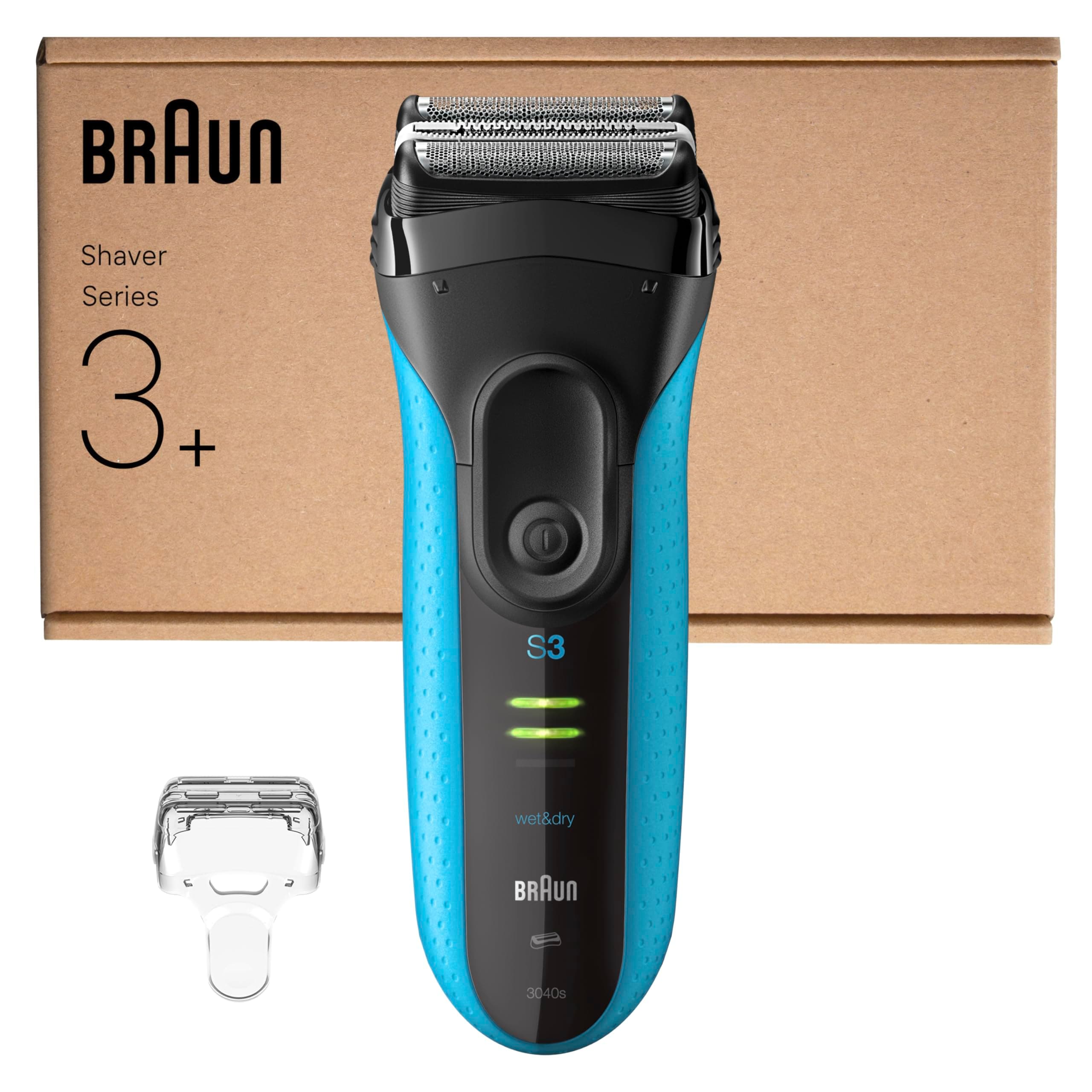 Braun Series 3+ Elektrorasierer, 3 Flexible Klingen, Effizienter MicroComb Mitteltrimmer, Präzisionstrimmer, Nass- & Trockenrasierer für Männer, 3040si, Blau Schwarz/Blau Kartonverpackung