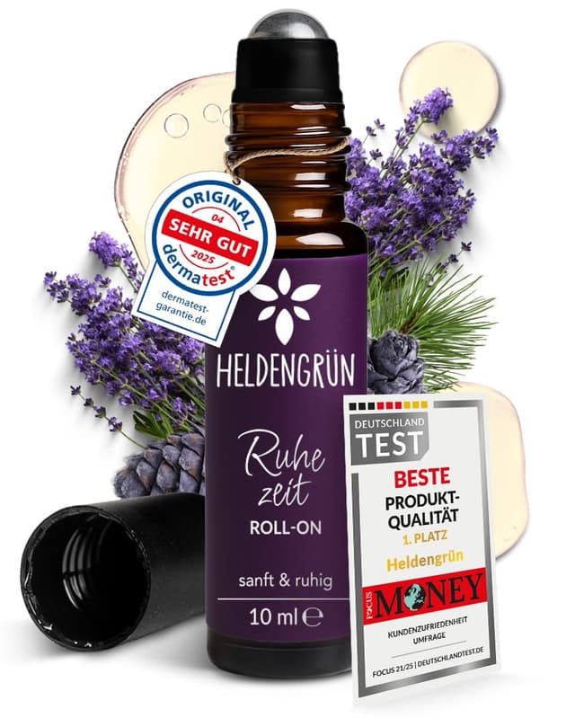 Heldengrün® BIO Roll-On "Ruhezeit" [100% NATURREIN] Anti-Stress Duft - Dermatologisch getestet - Stressfrei Roll On mit Bio-Lavendel & Zirbe - 2-in-1: Duft & Pflege Ruhezeit 10 ml (1er Pack)