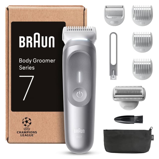Braun Bodygroomer Series 7, Elektrischer Körperrasierer Herren mit 8 Zubehörteile, Kabelloser Trimmer für Intimbereich und Körper, 100 Min Akku, Wasserdichter Körperhaartrimmer, BG7555, Grau + 8 Aufsätze