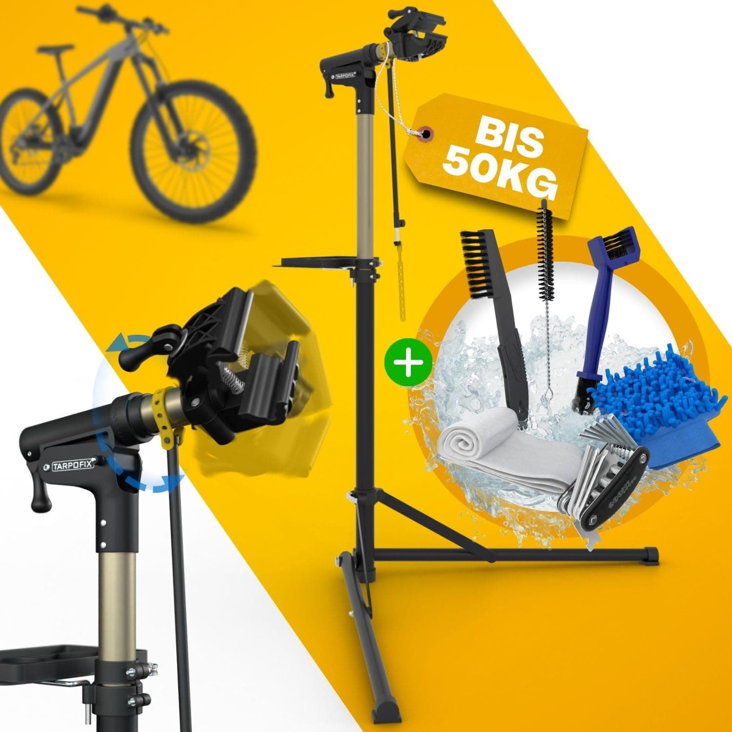 Tarpofix® Fahrrad Montageständer bis 50kg | Profi Fahrrad Reparaturständer | Montageständer für Fahrräder & E-Bike | Schwerlast Fahrradhalter Ebike | Fahrradständer Reparatur | Fahrradmontageständer Gold