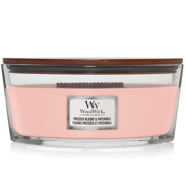 WoodWick ellipsenförmige Duftkerze mit knisterndem Docht | Pressed Blooms & Patchouli | Brenndauer bis zu 50 Stunden Ellipse Pressed Blooms