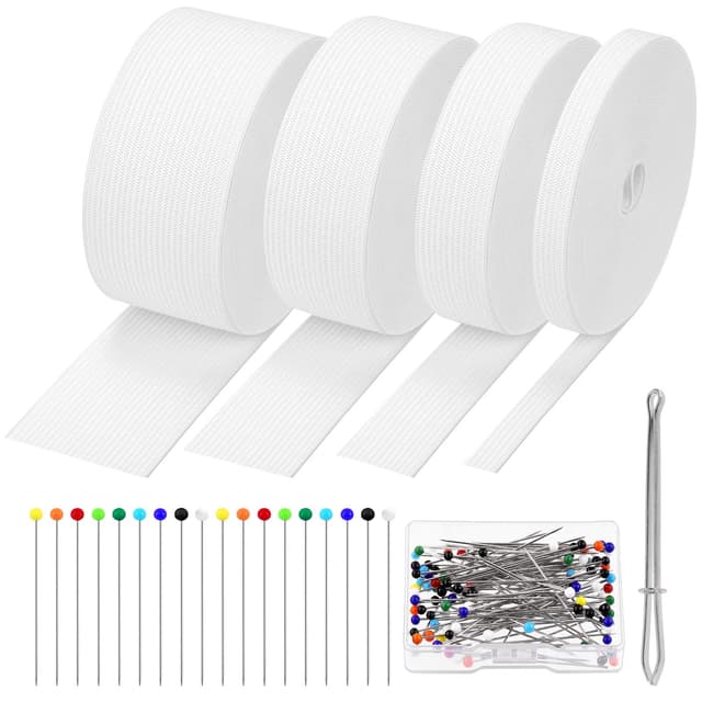 Mardatt 4Pcs Elastic Band Weiße Elastische Bande Kit, 3/8", 3/4", 1-1/5", 1-1/2" Breite 5.5Yards Nähen Stretch Stricken Elastische Bande Spule mit Nähen gerade Stifte und Drawstring Threader
