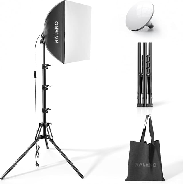 RALENO Softbox Fotostudio Set, 40 x 40 cm Fotolicht mit Stativ und LED Glühbirne (50W, 5500K, 97 CRI), Fotolampe für Porträtfotografie, Game-Streaming, YouTube-Videofotografie Graue