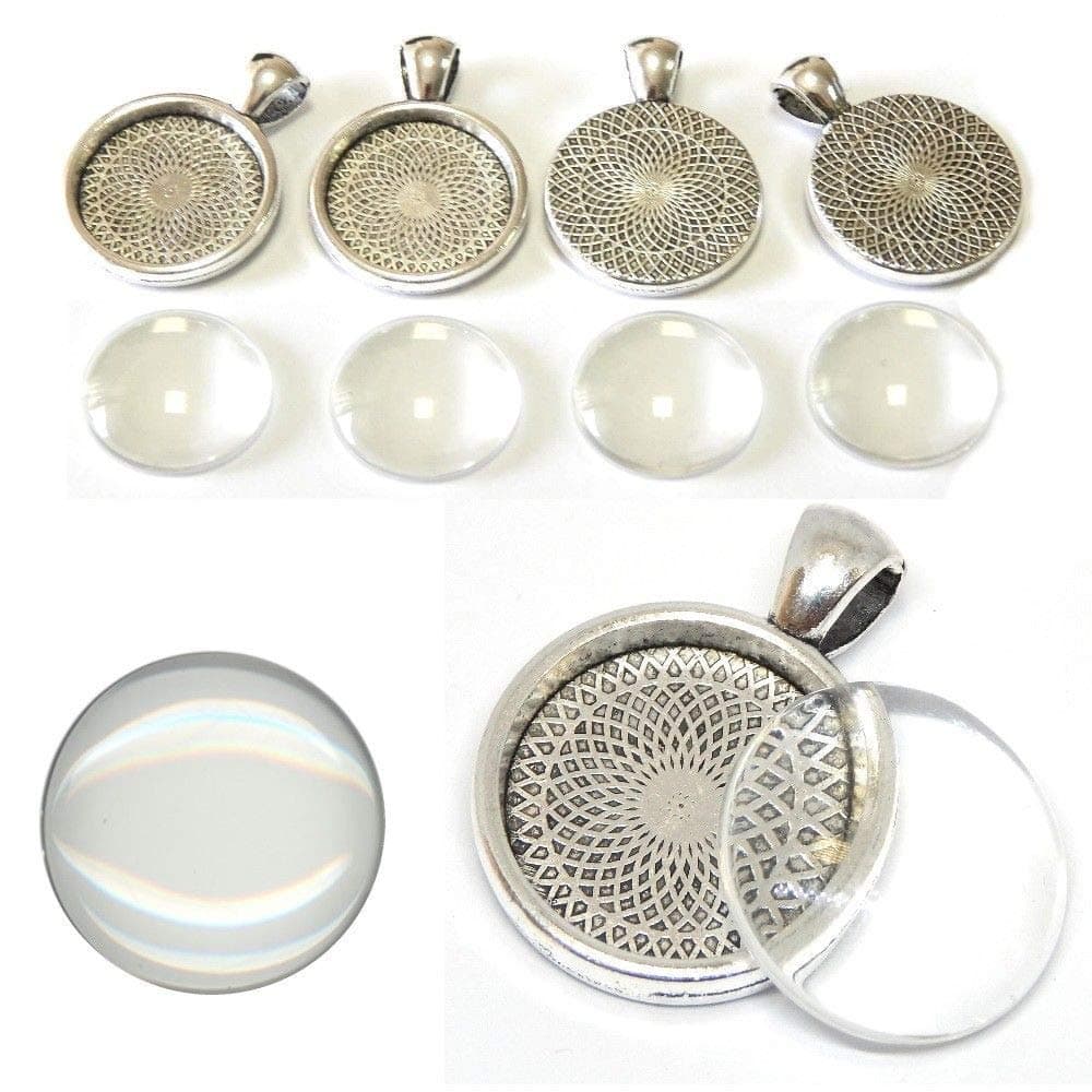 Perlin 6 Set Medaillons Metall Anhänger Fassungen und 20mm Rund Klar Glas Cabochon, Fassung Rahmen Super Optik Bastelset (Silber)