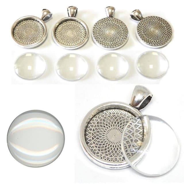 Perlin 6 Set Medaillons Metall Anhänger Fassungen und 20mm Rund Klar Glas Cabochon, Fassung Rahmen Super Optik Bastelset (Silber)