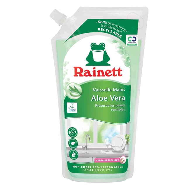 RAINETT Spülmittel für Hände – hypoallergene Formel – schont empfindliche Haut – Beutel zu 100% recycelbar – Ökolabel – Aloe Vera – Eco-Nachfüllpack 1 l