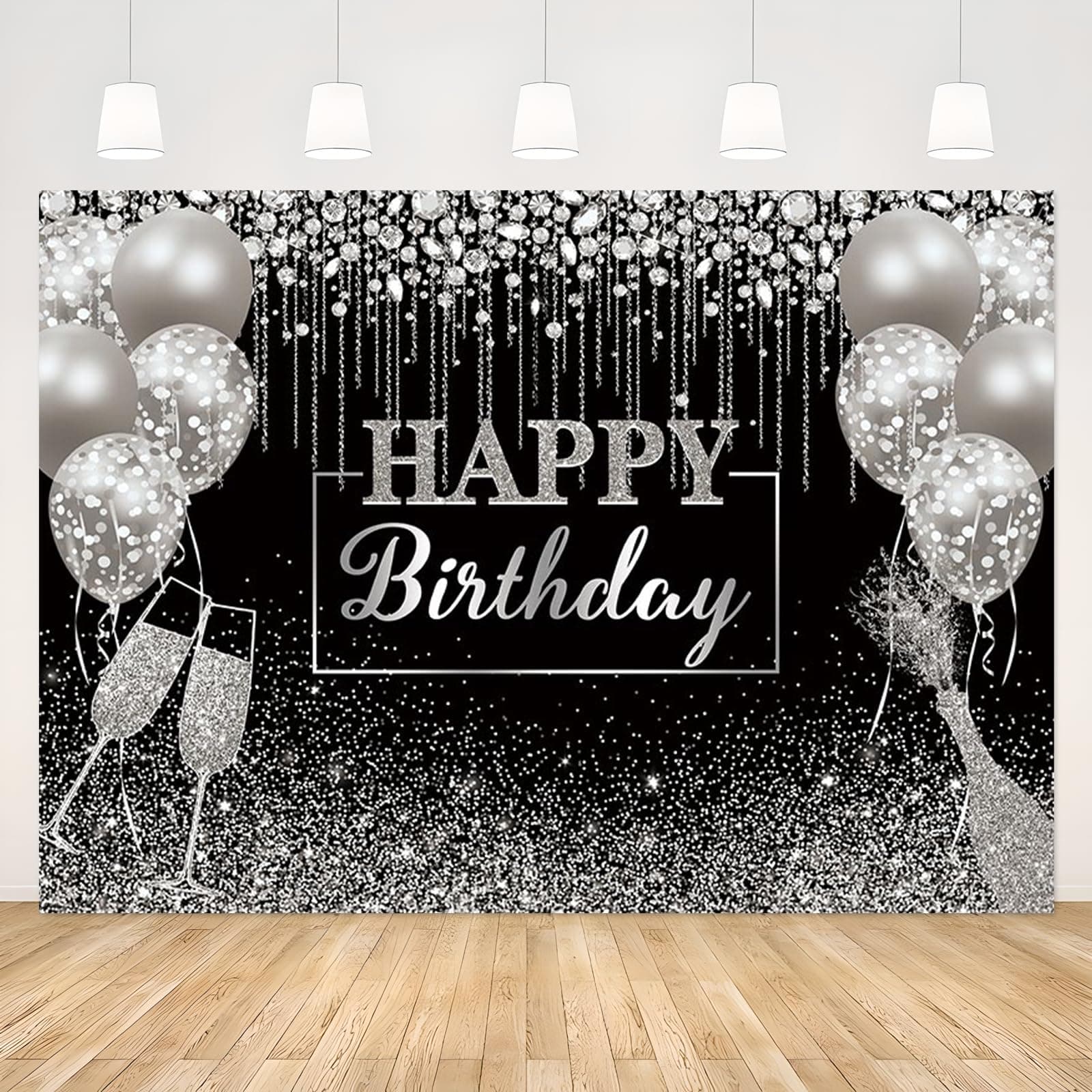 APROPHIC Schwarz Geburtstag Banner Fotohintergrund Glitzer Ballon Geschenk Diamant Geburtstagsbanner Fotografie Hintergrund Happy Birthday Banner Hintergrund Deko 2.1 x 1.5 m